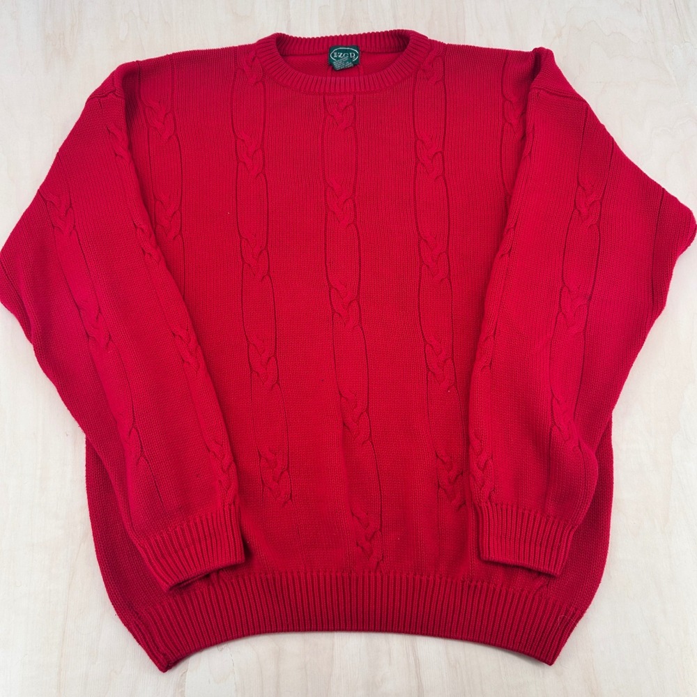 Mens Vintage 90s Cable Knit Sweater Red Cotton Chunky Crewneck Preppy IZOD
